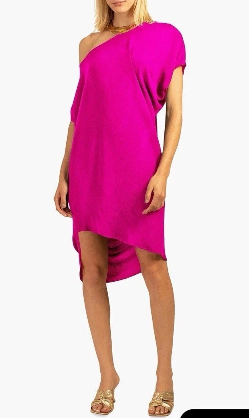 Trina Turk Pink One Shoulder Dress Medium Asymmetrical Ruched Dolman Sleeve